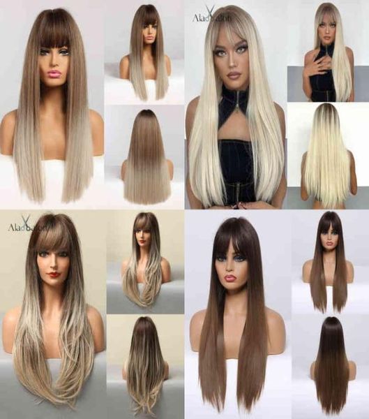 hair alan synthetic with bangs long straight ombre black brown gray ash cosplay for women high temperature fibre 2203016813098